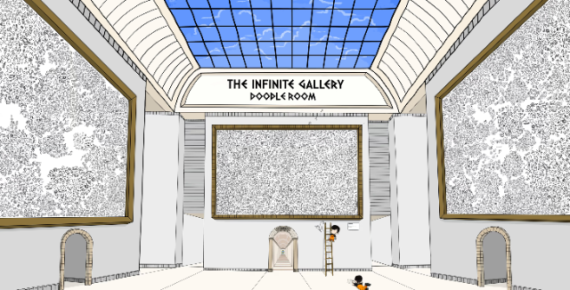 The doodle room of the Infinite Gallery, thousands of small ink drawings