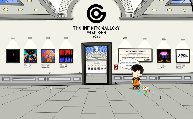 Year one room of the Infinite Gallery, paintings hung on the wall