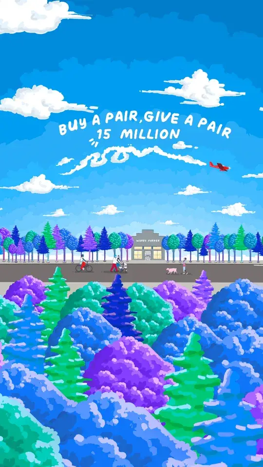 Warby Parker — 15 Million Pairs Donated celebration, infinite zoom film hand-drawn by Théo Garnot