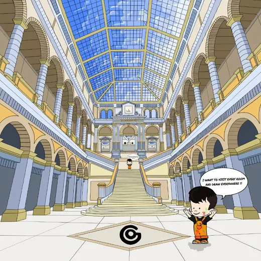 The gallery hall, hand-drawn.