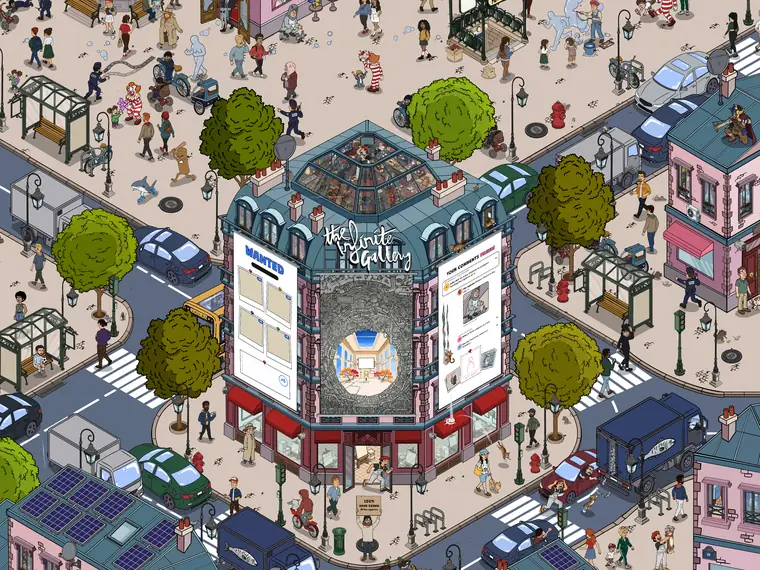 A district of the hand-drawn city seen from above.