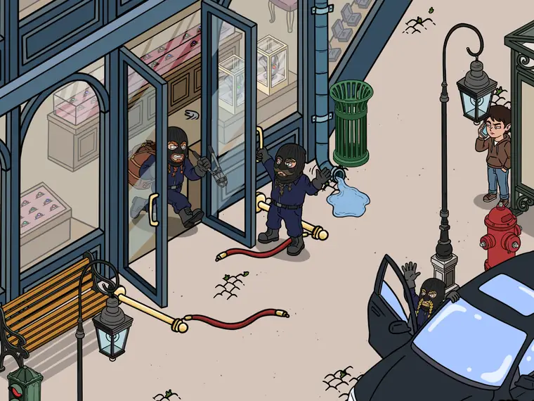 Masked robbers leaving a jewellery store, seen up close.
